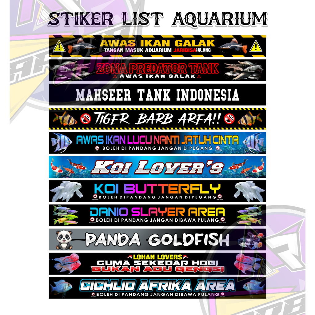 Stiker list Aquarium Ikan Slayer Danio Udng Galah | Red Tail Catfish | Ikan Mahseer Termurah
