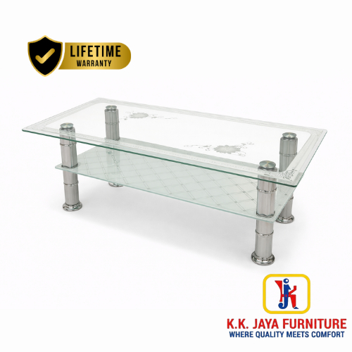 Meja Tamu Kaca Minimalis Modern dengan Rak Bawah Motif Kotak & Kaki Silinder Krom - 07