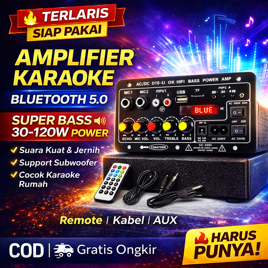 Amplifier Karaoke Bluetooth 5.0 D10 30-120W Power Amp Subwoofer USB TF FM untuk Speaker Rumah