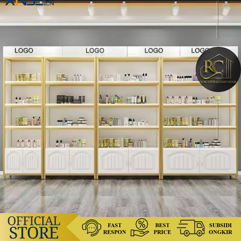 Rak Display Toko Kosmetik Showcase 4 Unit Rak Pakai Lampu Dan Stiker Logo