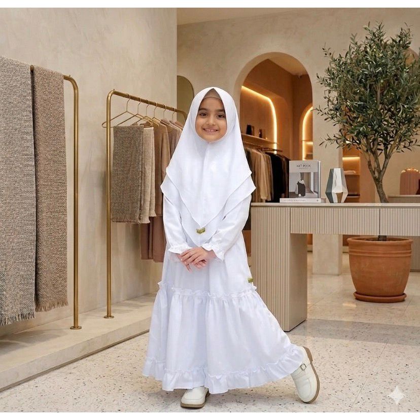Gamis Putih Set Kerudung Gamis Anak Perempuan Bonus Hijab Syar'i