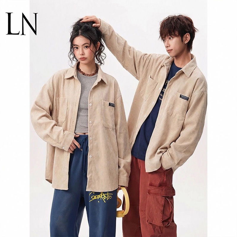 Baju couple pasangan- Atasan Korea Kemeja Blouse Korduroi Desain Retro Wanita  Kemeja Lengan Panjang