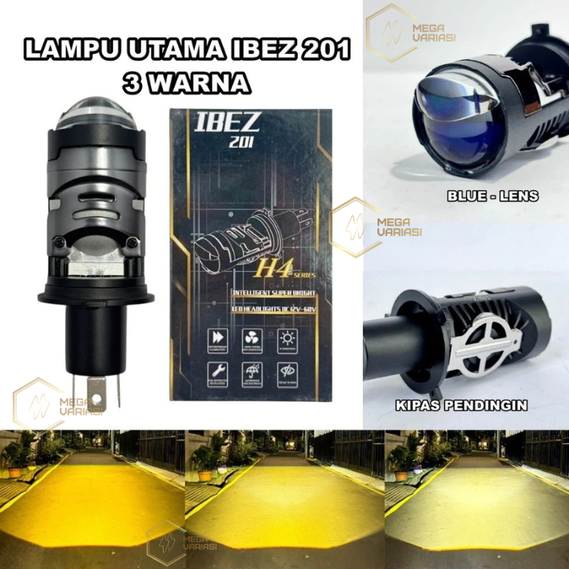 IBEZ 201 Lampu Depan Utama H4 Mini Biled Projie Projector 3 Warna All Weather Kipas Pendingin Bluele