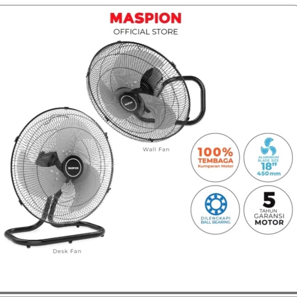 Maspion PW-450D Kipas Angin Tornado 2in1 18 Inch - Desk & Wall Fan Besi Kipas Angin Meja & Dinding A