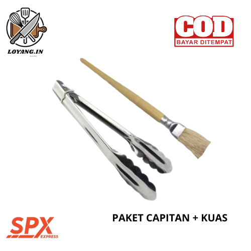 Paket Kuas Kue Gagang Kayu + Capit Makanan 23 CM | Kuas Oles Kayu + Penjepit Stainless BBQ