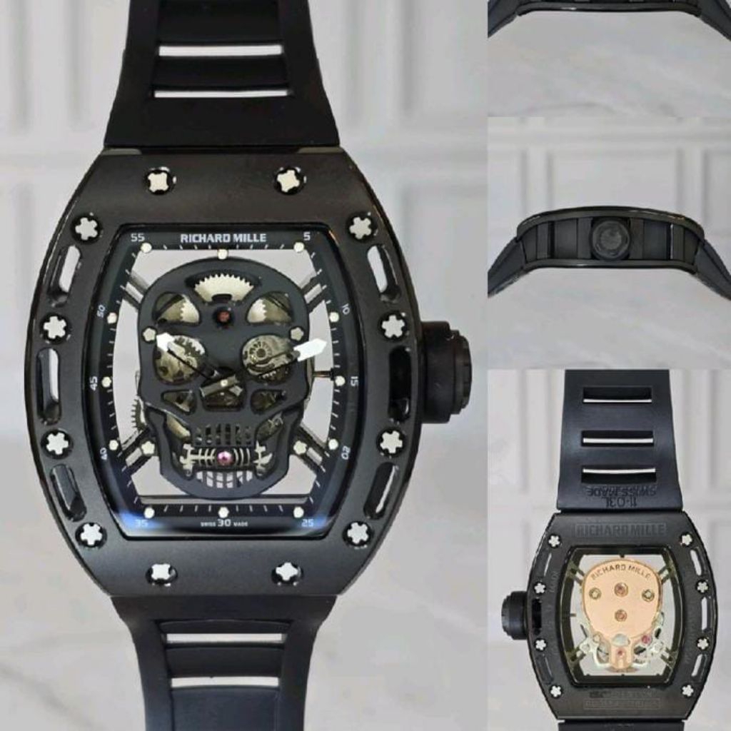 JAM TANGAN AUTOMATIC RM 052 SKULL SS RUBBER FULL BLACK DIAL DM 42MM