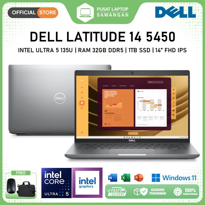 Laptop DELL Latitude 14 5450 Intel Ultra 5 135U RAM 32GB SSD 1TB Layar 14" Full HD Windows 11 Pro