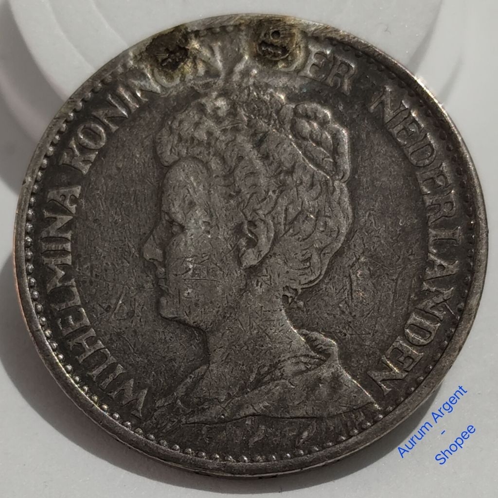 WILH1G-85.. 1 PC KOIN PERAK KUNO ASLI 1 GULDEN WILHELMINA TH 1913  -- SILVER COIN --