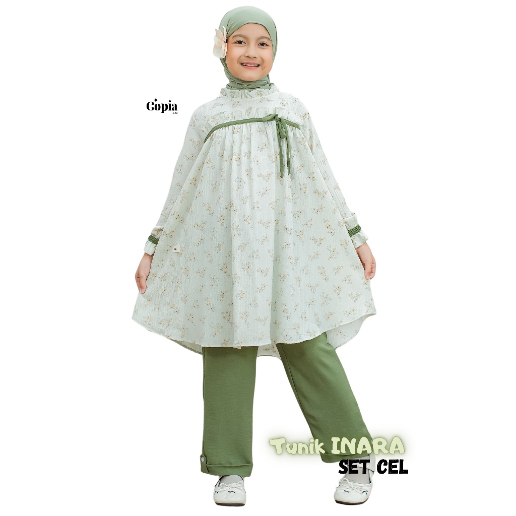 Copiaco - Inara Setelan Long Tunik Set Celana Anak perempuan Umur 3-12 Tahun Matcha
