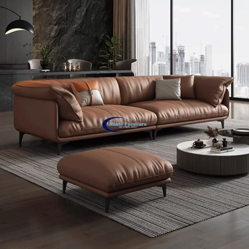 Sofa 3 Seater Minimalis Modern Kulit Coklat Premium + Ottoman – Sofa Ruang Tamu Mewah