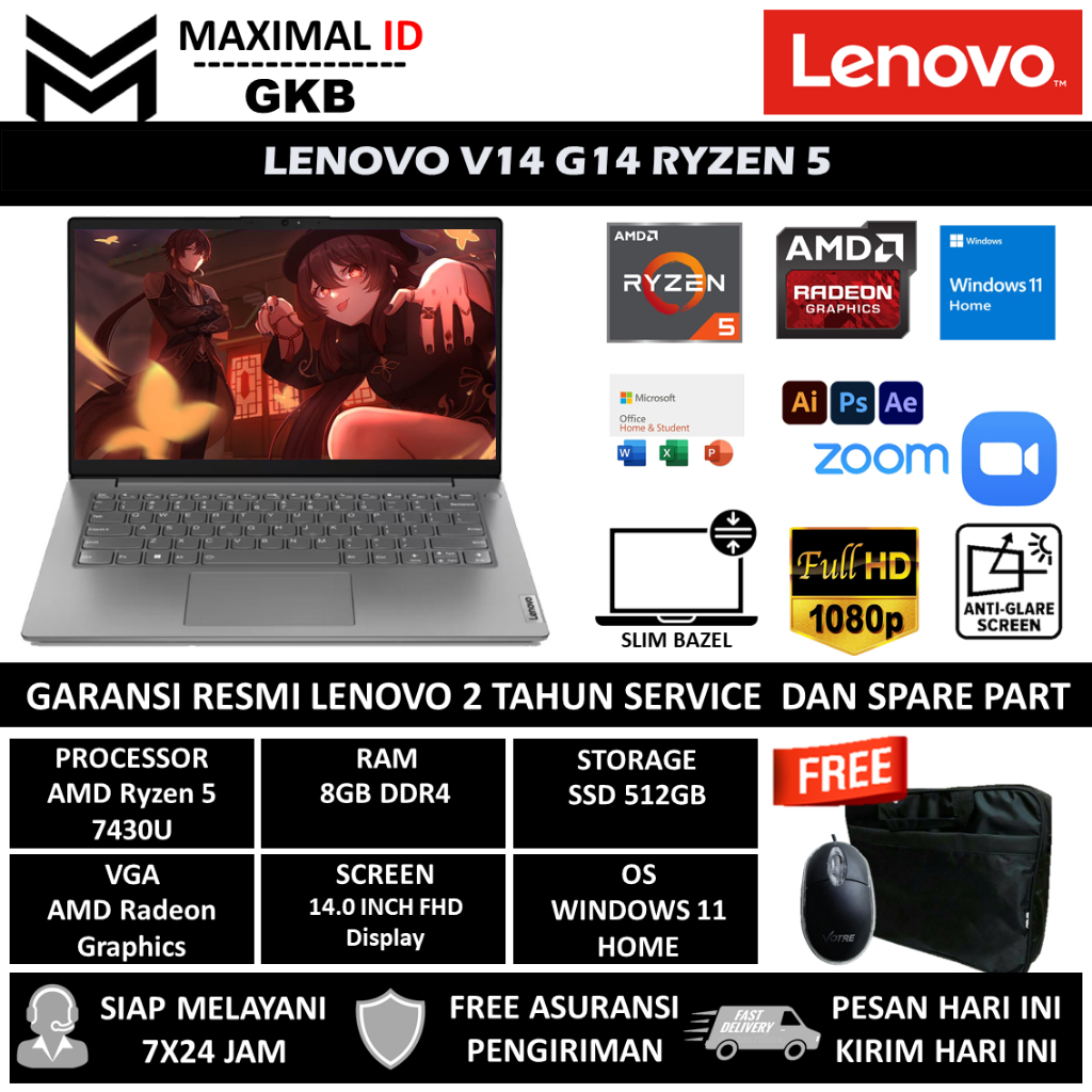Laptop Lenovo V14 G4 AMD RYZEN 5 7430U 8GB 512GB SSD 14.0 FHD Windows 11 Home