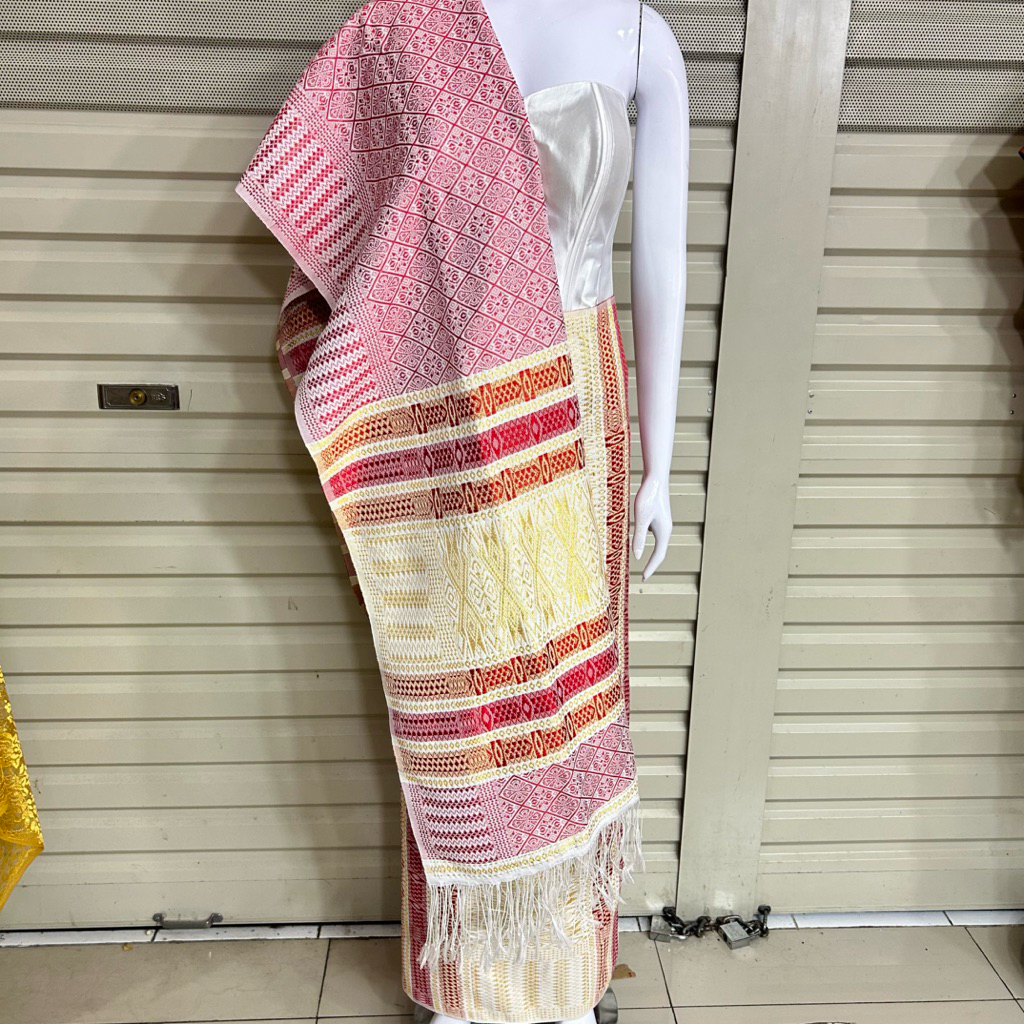 Set Songket Tumtuman + Selendang Warna Pink Krem | Tenun Benang Kristal Elegan