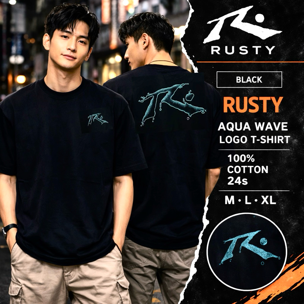 T-Shirt premium Kaos Surfing Rusty Original Pria Hitam Graphic Logo Belakang Cotton 24s Premium