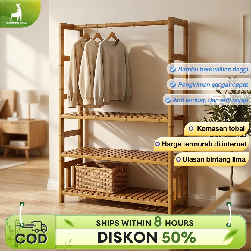 Gantungan Baju Bambu Stand Hanger Rak Gantungan Baju Bertingkat Rak Serbaguna Rak Penyimpanan