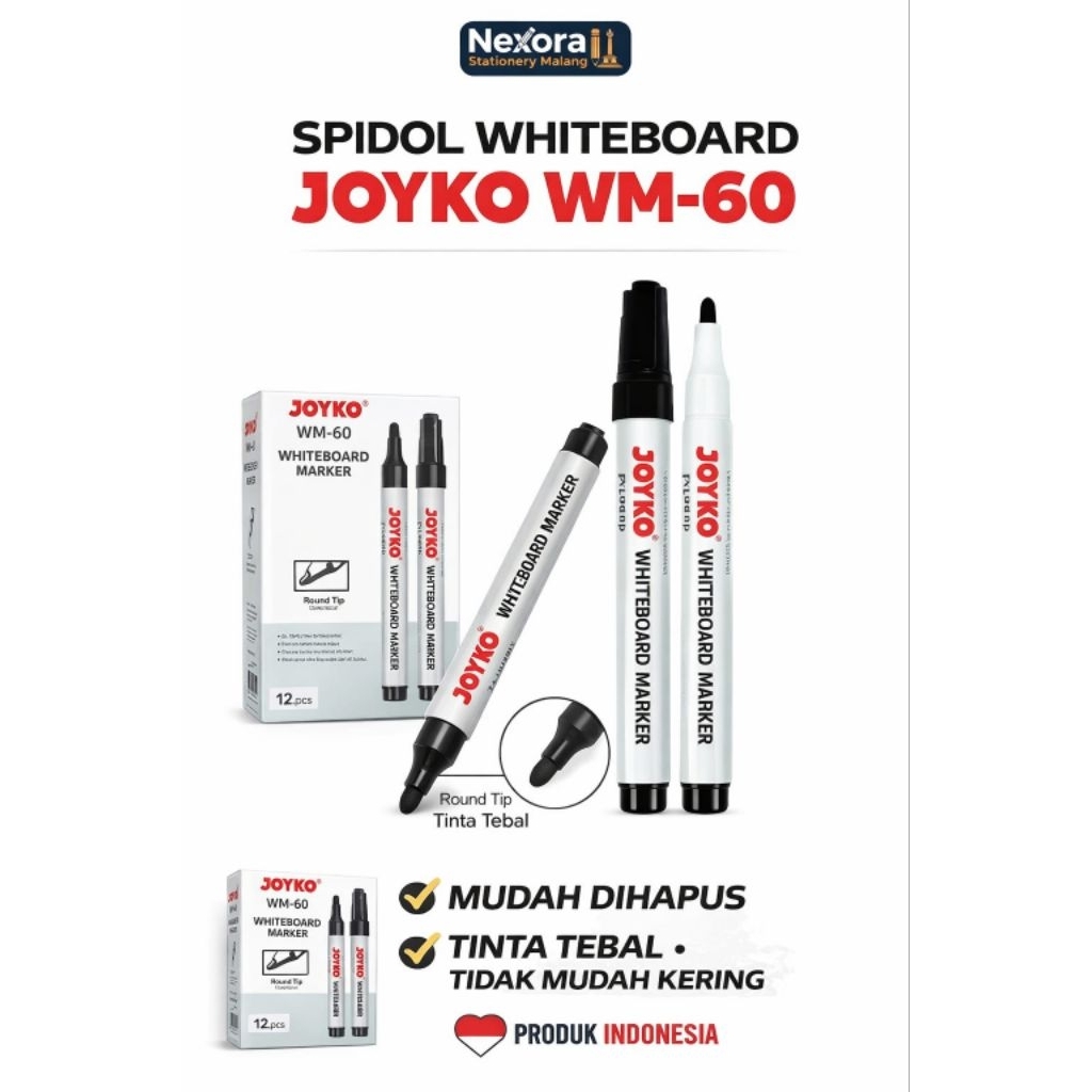 Spidol Whiteboard Joyko Hitam biru merah wm-60 | Bundling 1 Pack 3 Pack 5 Pack 10 Pack | Tinta Pekat