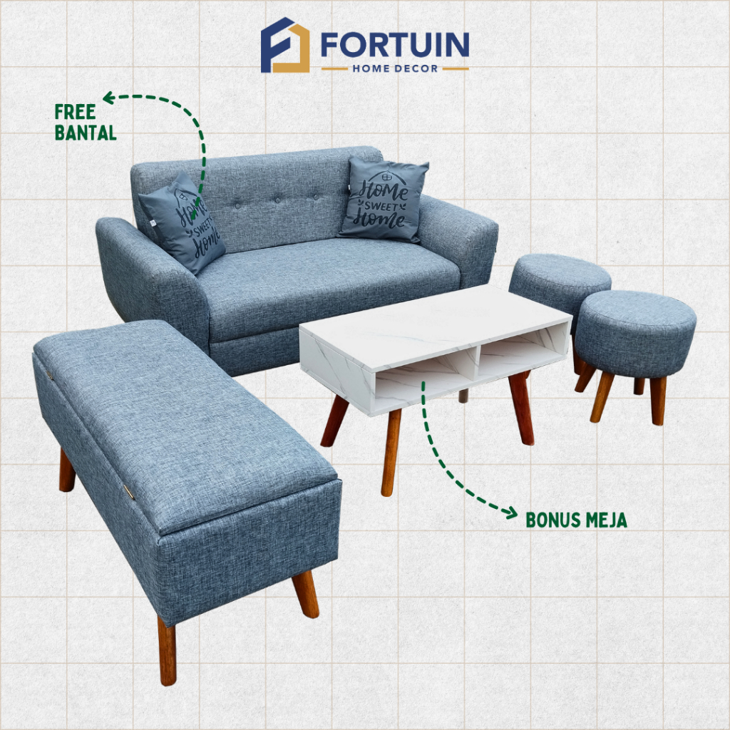 Sofa Minimalis 2 seater Deluxe meja tamu bench storage dan stool
