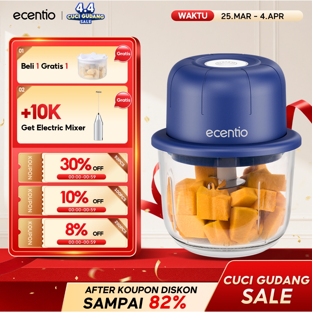 ecentio kaca blender 2 in 1 set 6 pisau coper daging dan bumbu 250ml peralatan dapur chopper blender