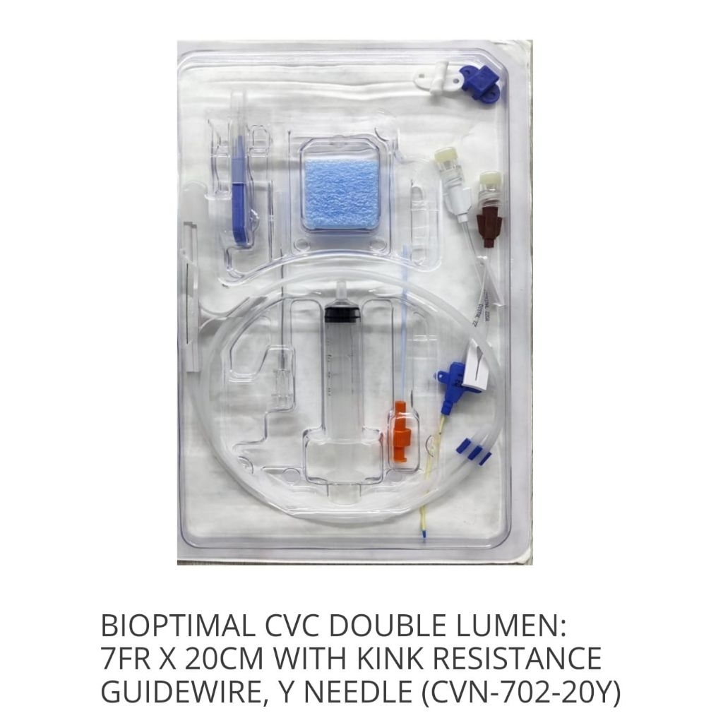 BIOPTIMAL CVC Double Lumen 7Fr x 20cm Kink Resistance Guidewire Y Needle CVN-702-20Y