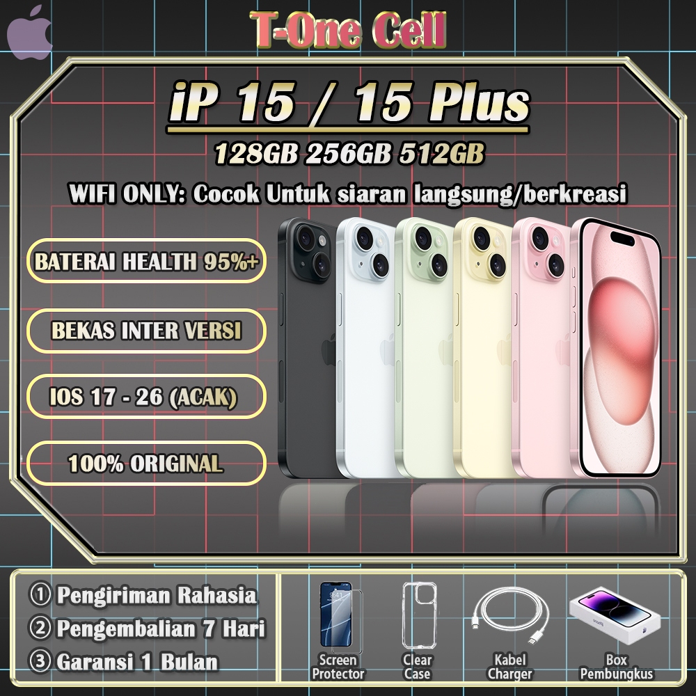 (Dynamic Island ) iPhone 15/15 Plus SECOND BEKAS 100% ORI 128/256/512GB INTER, Cocok untuk live stre