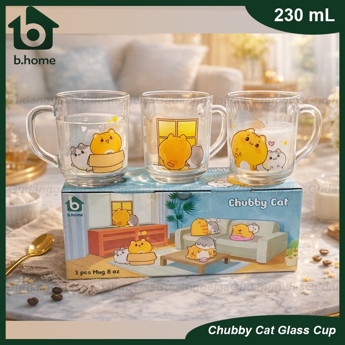 1 SET ISI 3 PCS CANGKIR KOPI KACA CHUBBY CAT/GELAS CANGKIR KOPI SET/GELAS KACA SET/GELAS LUCU/GELAS 