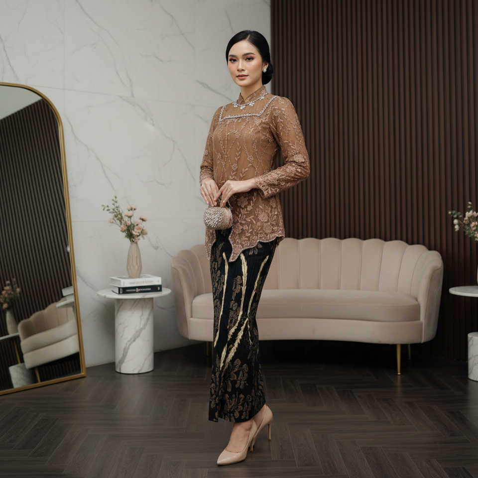 QUMA.ID -  Kebaya Tile Brokat Mix Payet Model Kerah Shanghai Elegan Kebaya Wisuda Modern Kekinian