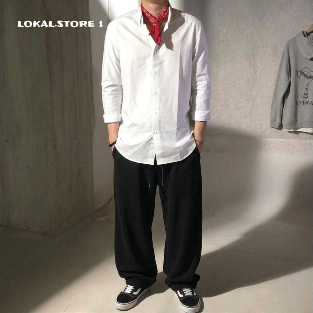 Kemeja Putih Garis Pria Lengan Panjang Casual Formal Slim Fit Kemeja Basic Putih Cowok Korean Style