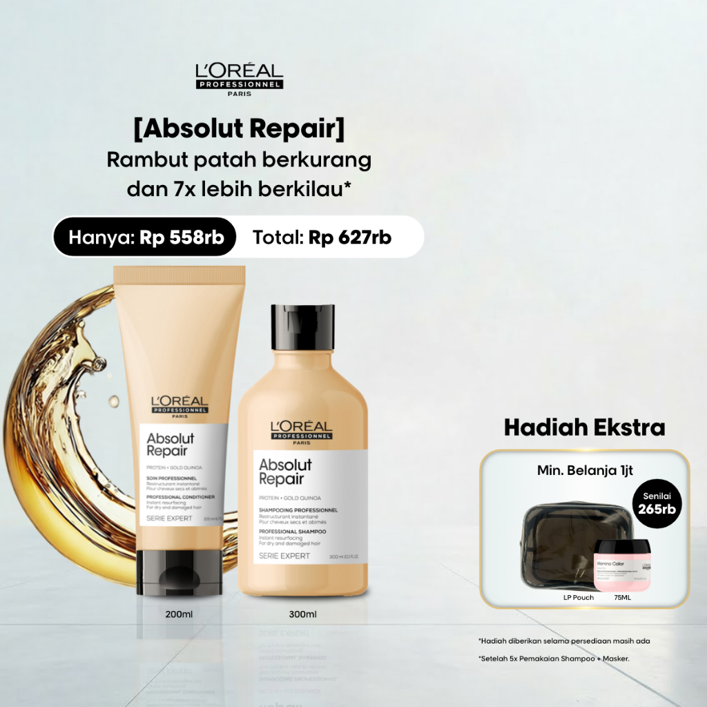 Absolut Repair Duo Set - Shampoo 300ml + Conditioner 200ml  - Untuk Perawatan Rambut Rusak by L'Orea