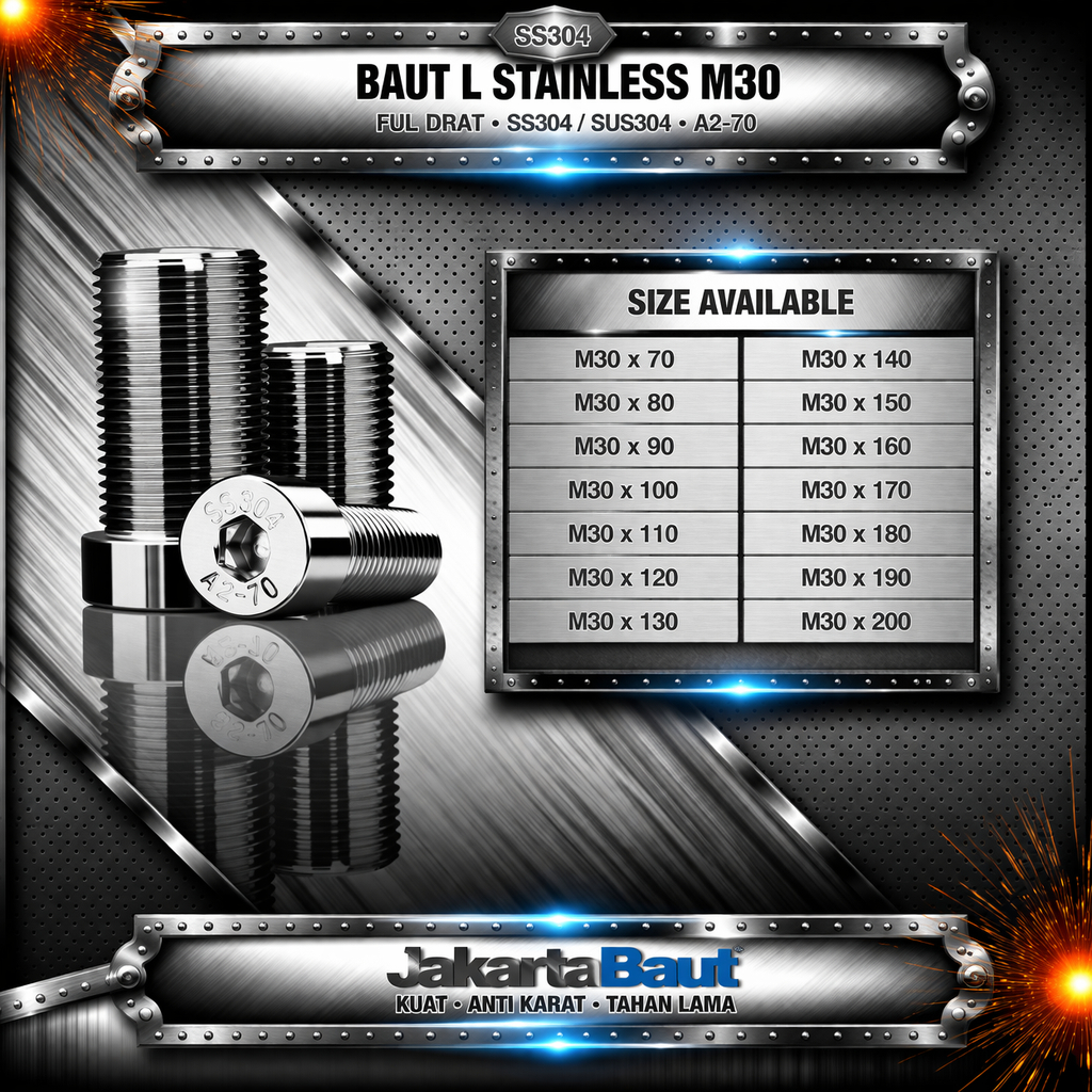 Baut L Stainless M30X150 / 30X150 / M30 X 150 / 30 X 150 Full Drat SS304 / SUS304 / A2-70
