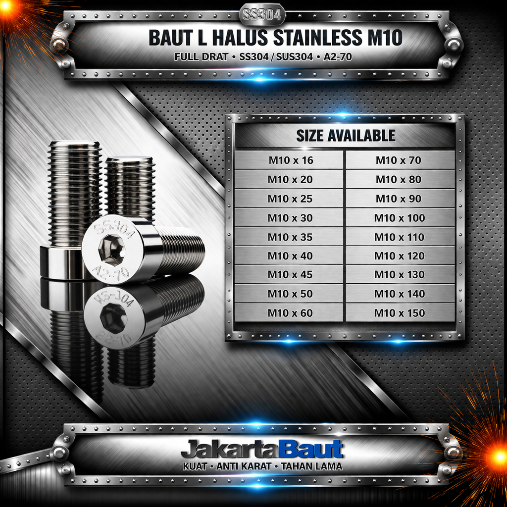 Baut L Halus Stainless M10X30 / 10X30 / M10 X 30 / 10 X 30 Full Drat SS304 / SUS304 / A2-70