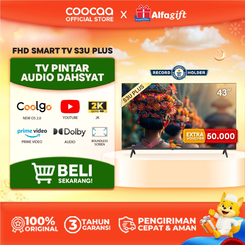 [NEW]COOCAA 43 inch S3U PLUS - Coolita 3.0 - Smart TV - Youtube/ Prime Video - Dolby Audio (COOCAA 4