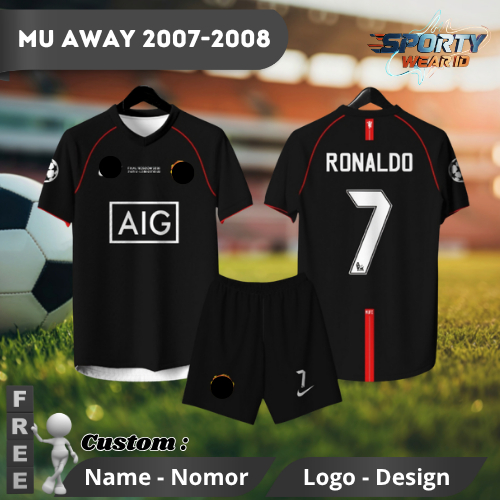 Jersey Bola Custom MU Away 2007-2008 Vintage Pendek Free Nama, Nomor, Logo Dryfit Premium