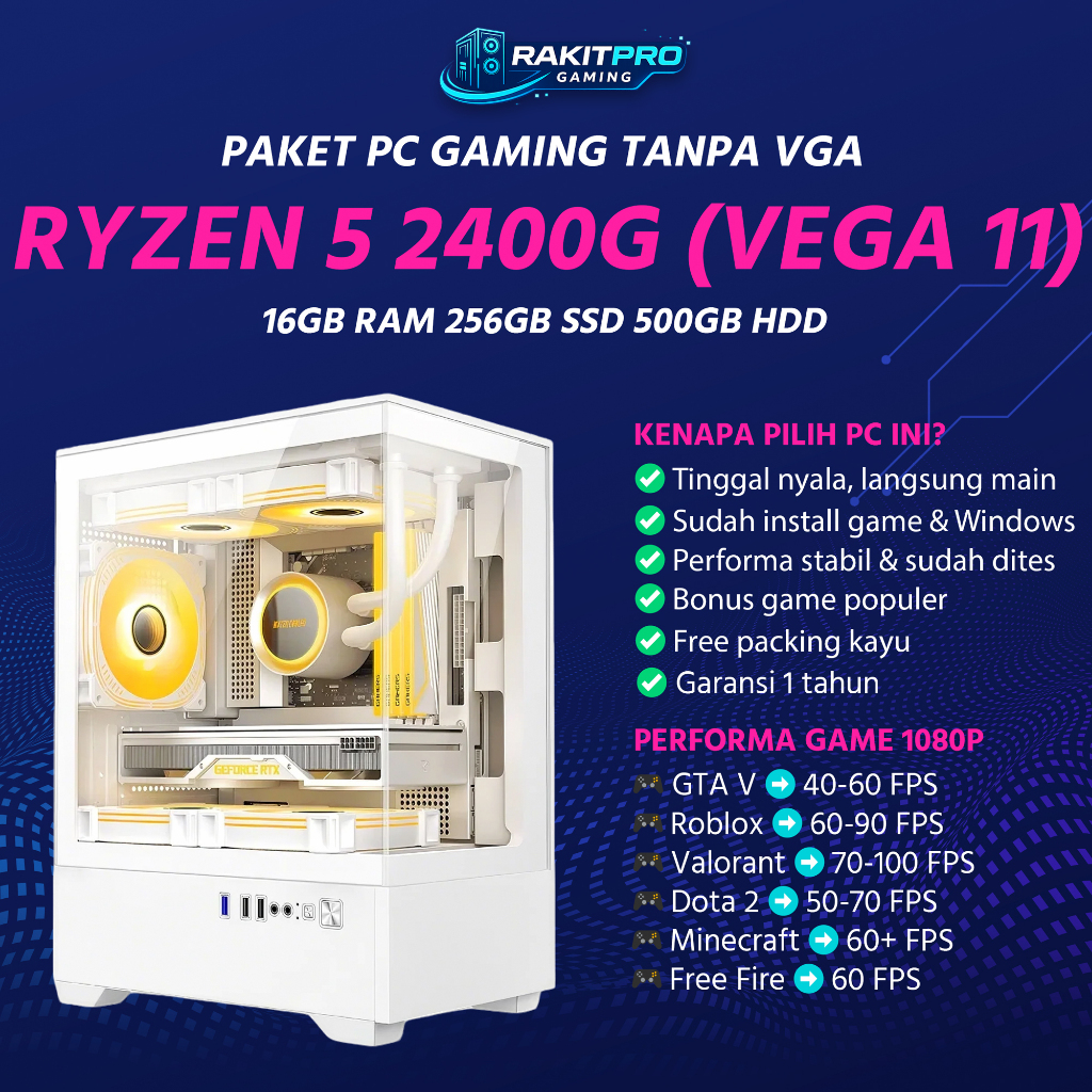 PC Gaming Ryzen 5 2400G Vega 11 16GB SSD 256GB HDD 500GB 1TB Siap Pakai Valorant CS2 Roblox 1080p La