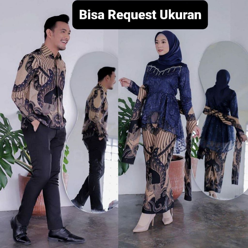 SET KEBAYA KALENA NAVY COUPLE KEMEJA PREMIUM / CUSTOM ANAK & JUMBO / BAJU SETELAN SERAGAM BATIK SARI