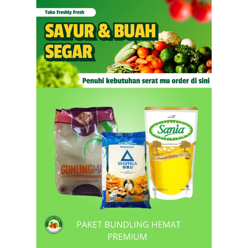 PAKET BUNDLING GULA GMP 1KG, MINYAK GORENG SANI 1LITER, TEPUNG SEGITIGA BIRU 1KG