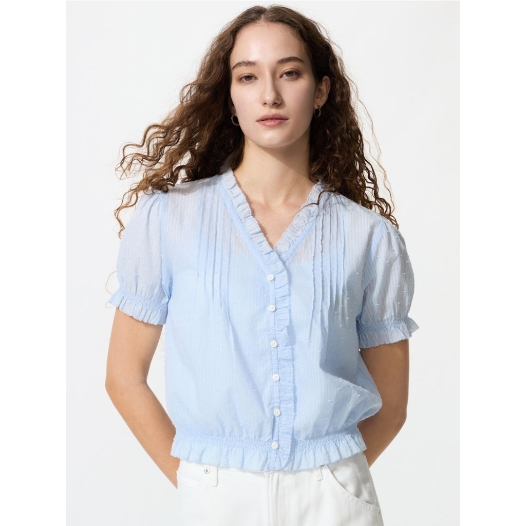 WOMEN Blus Katun Dobby Kerah V Lengan Pendek UNIQLO