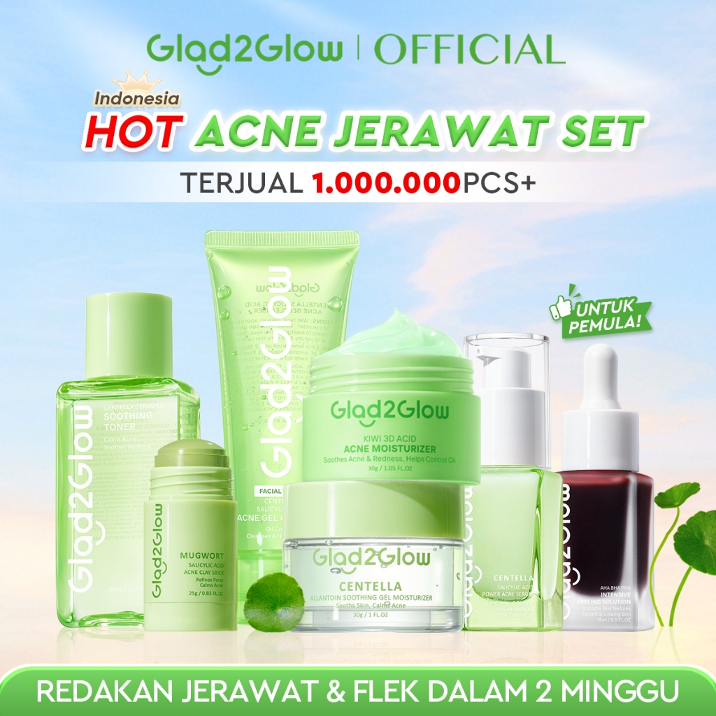 Glad2Glow Acne Jerawat Bundle 7in1 paket Centella madeca cream-Moisturizer+Serum+Cleanser+Toner+Clay