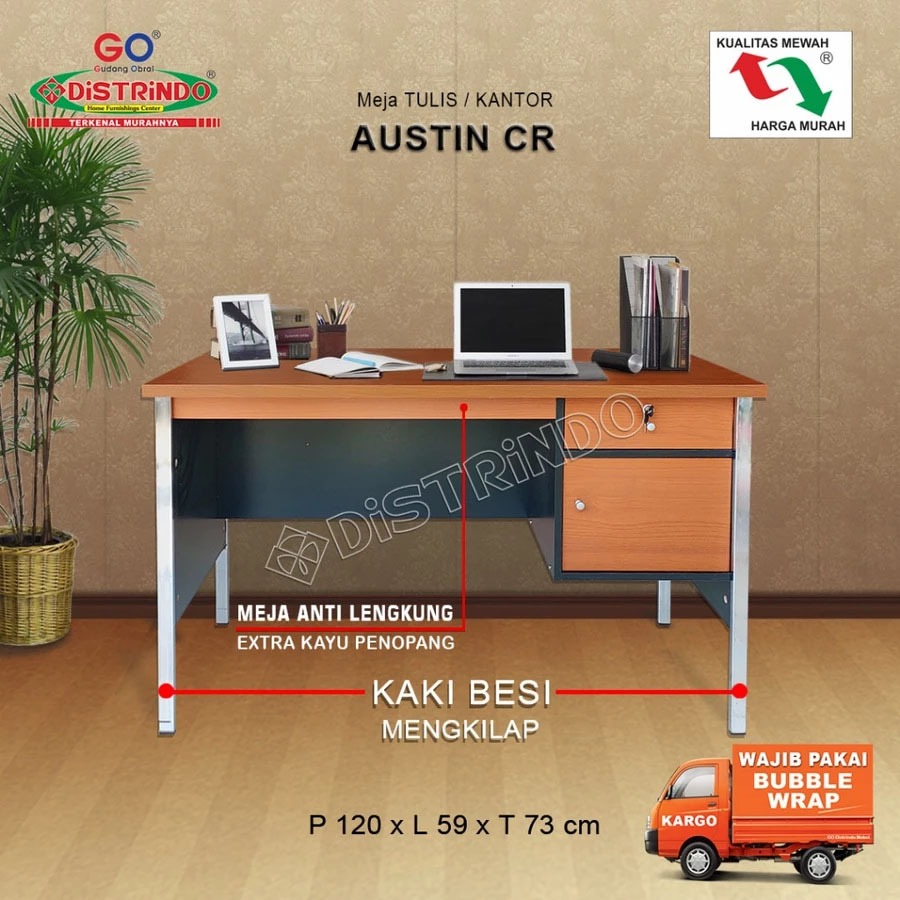 Distrindo - Meja Kerja Kaki Besi Kokoh Papan Tebal dengan Lemari Laci + Kunci