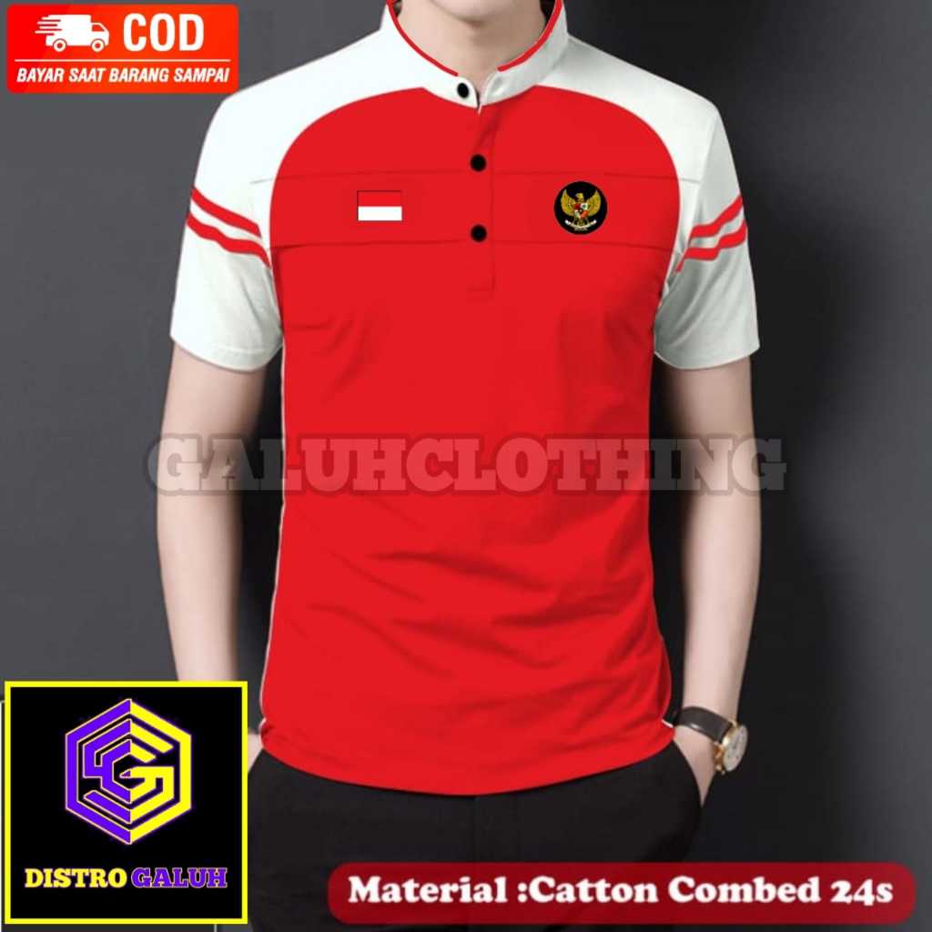 Kaos Polo Raglan Pria Logo Bordir Garuda Bendera Indonesia. Polo Shirt Pria Edisi Kemerdekaan Kekini