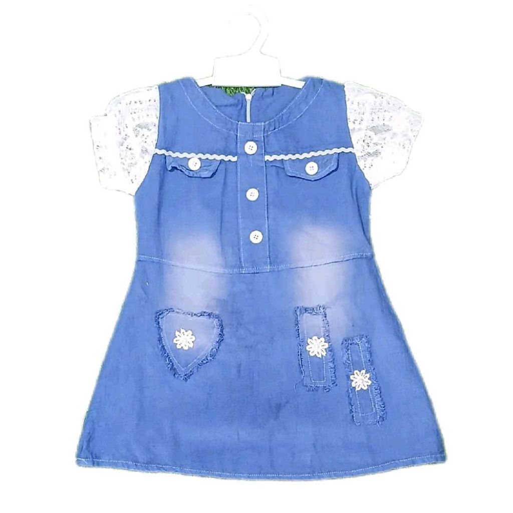 DRESS JEANS ANAK 2-3 TAHUN TANGAN BRUKAT PUTIH D&J
