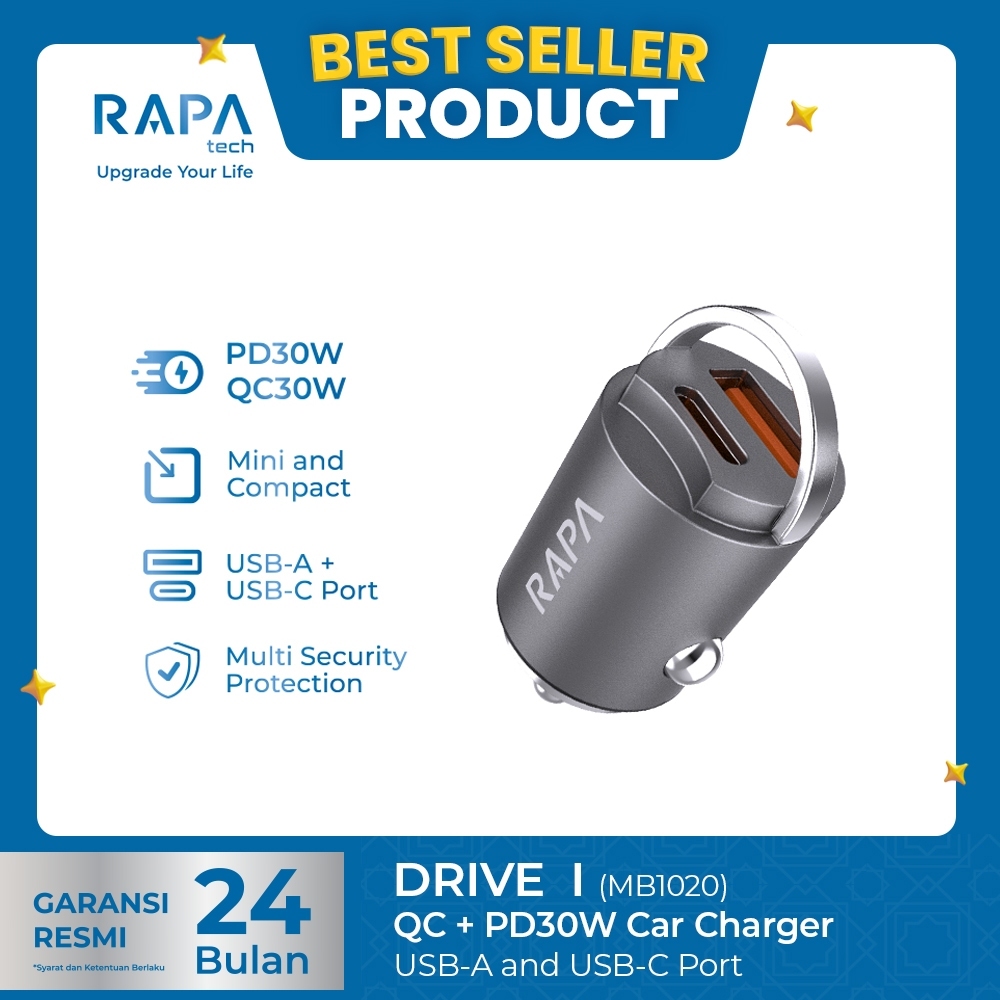 RAPAtech Car Charger DRIVE I Dual Port Fast Charging 30W MB1020 Charger Mobil Fast Charging Casan Mo