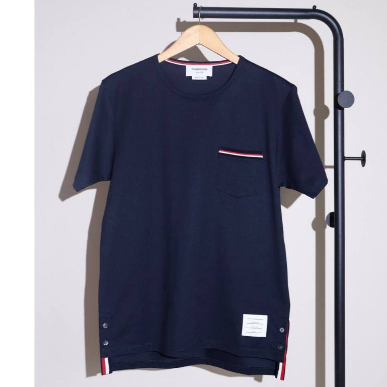 Thom Browne RWB stripe pocket tshirt in navy blue