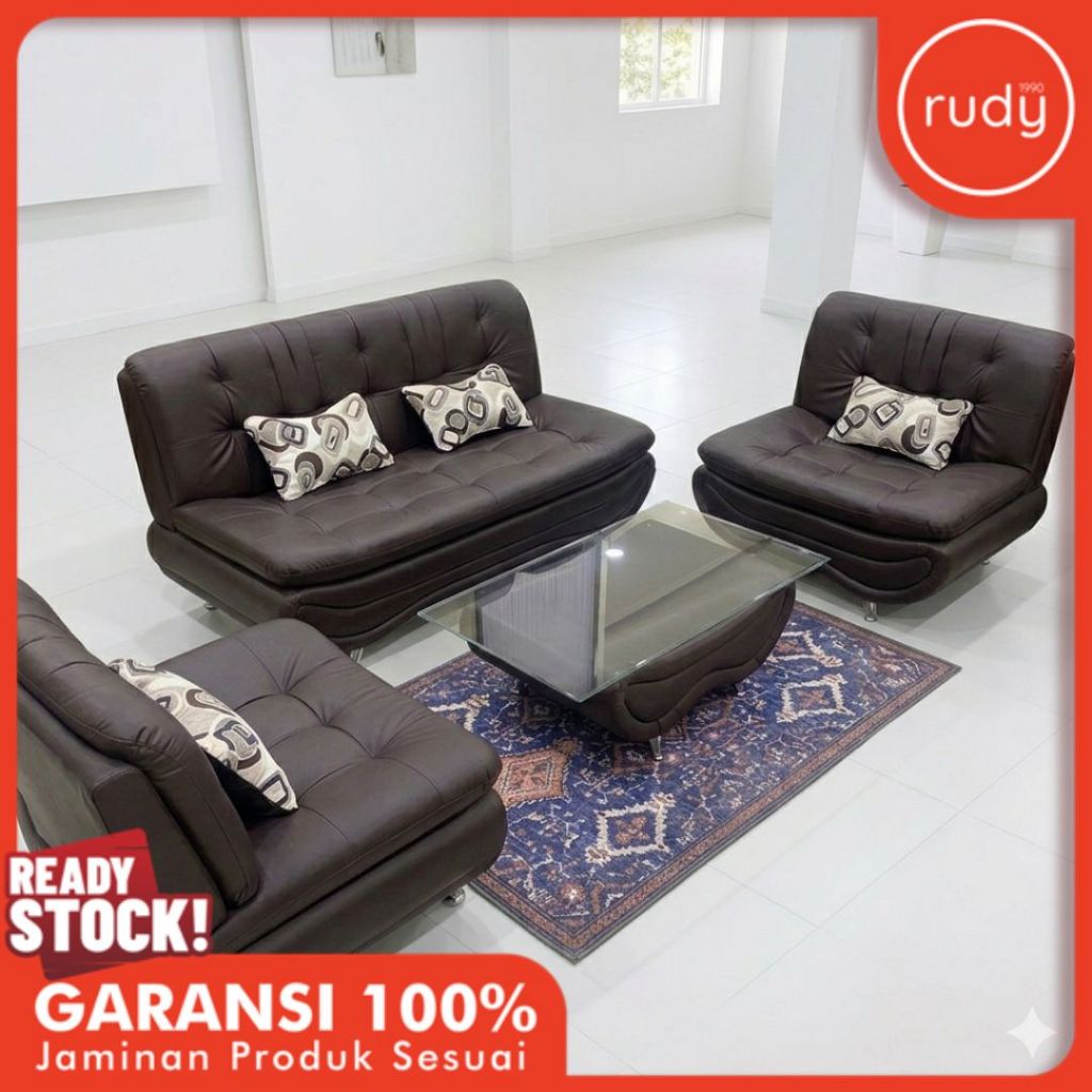 Sofa Tamu Yeston 211 Set + Meja Tamu Coklat Tua - Kursi Sofa Minimalis Mewah Elegan Kaki Stainless -