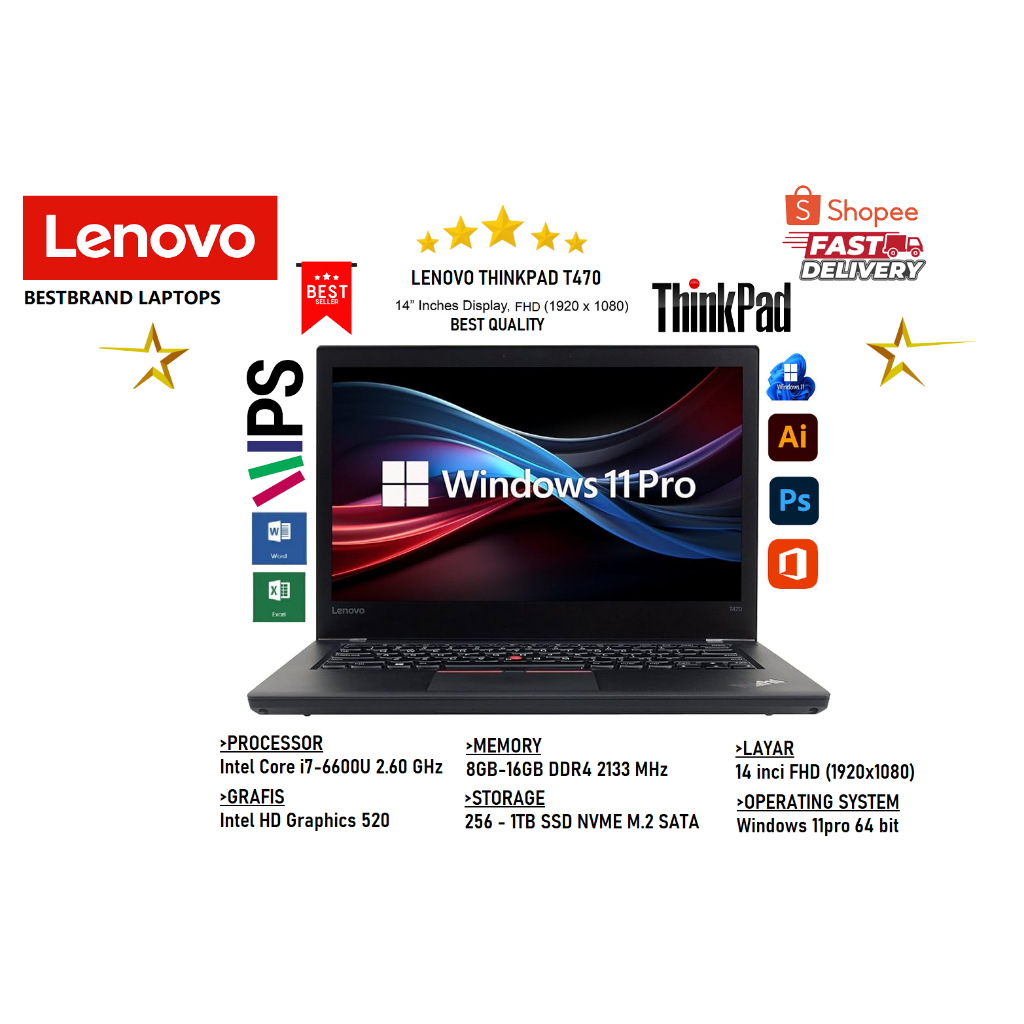 LAPTOP LENOVO THINKPAD T470 I7 6TH 16GB/1TB SSD NVM3 M.2 BERGARANSI