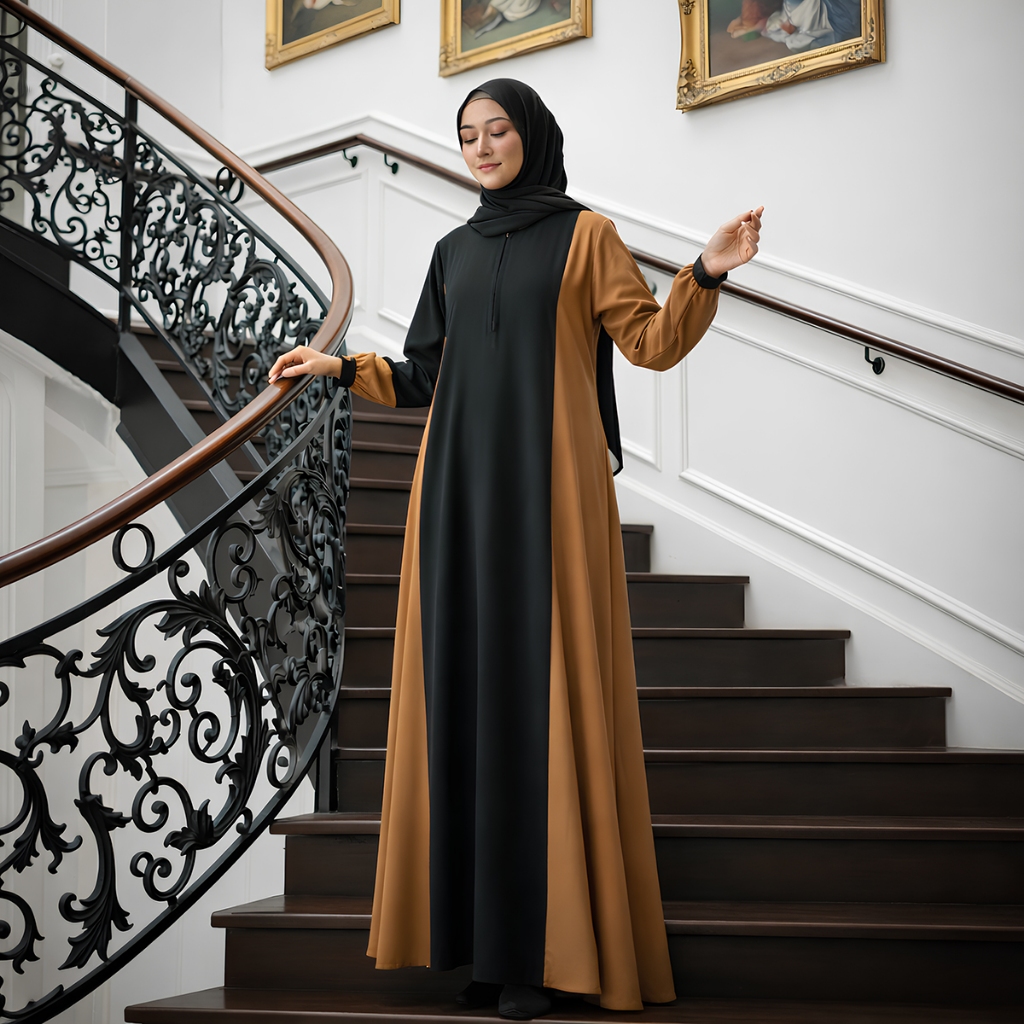 Aqueenah - Abaya Kaia Twtotone Mustard Jetblack
