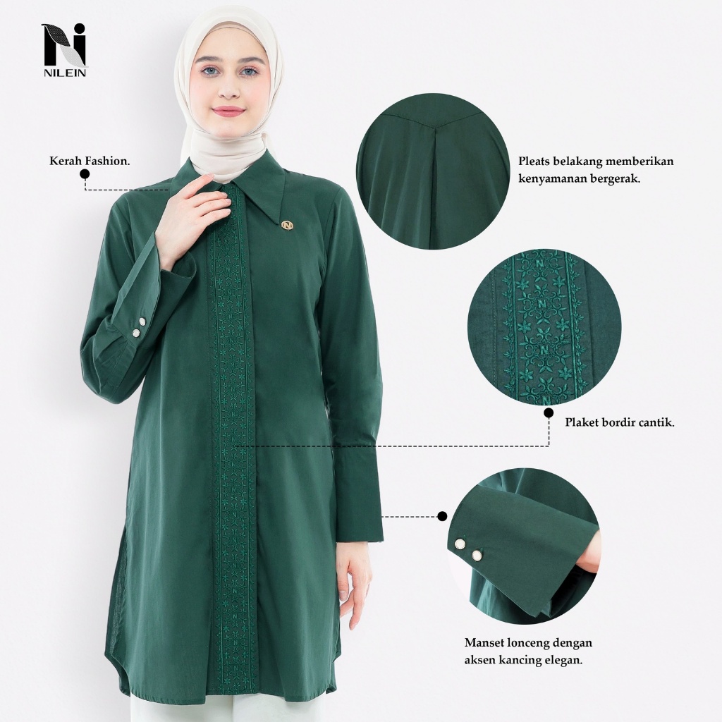 NILEIN Tunik Wanita Hijau Emerald Bordir Premium | Atasan Muslimah Elegan Kerja