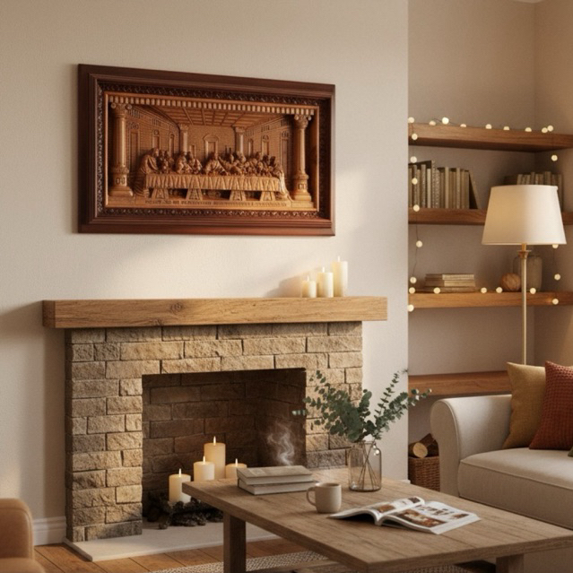 Penjamuan Kudus Kayu Jati Solid / Relief Perjamuan Kudus Kayu Jati / Perjamuan Kudus 3D Mewah | MENA