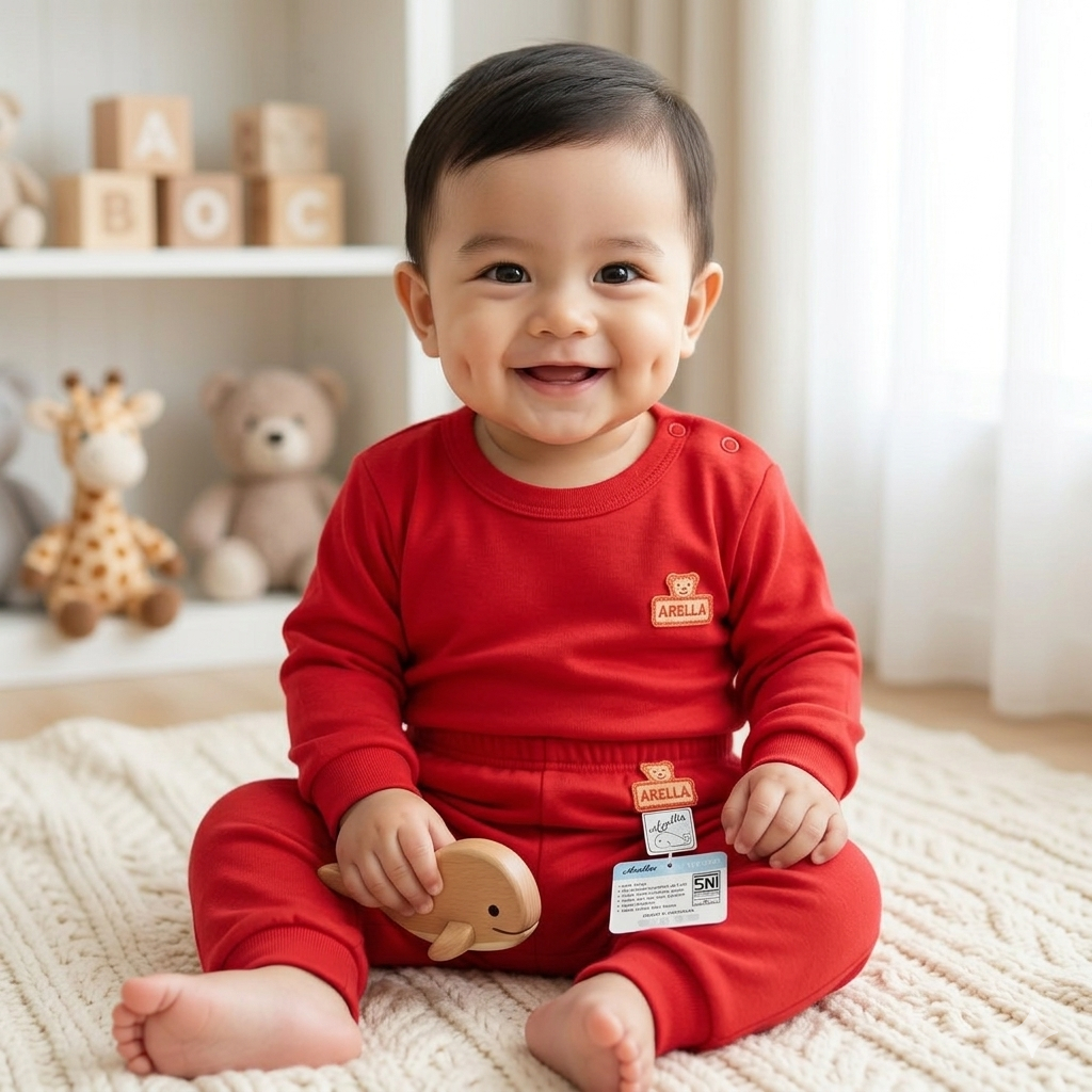 Stelan Baju Bayi Oblong Kancing Bahu Baju Tidur Anak Piyama Anak Arella Warna Merah Unisex