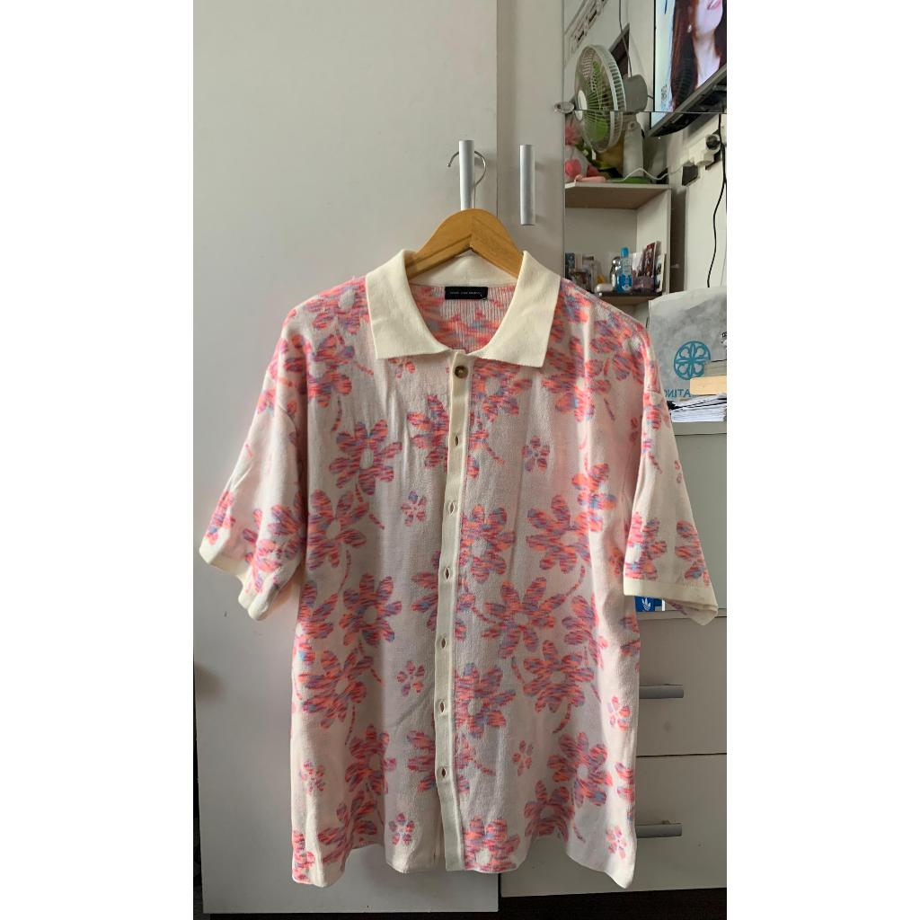 PRELOVE/PRELOVED-Noir Sur Blanc Flora Lounge Shirt Off-white / Candy Pink