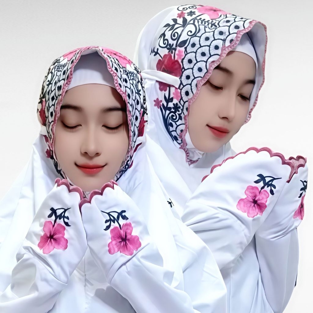 Mukena Terusan Bordir Bunga Sepatu | Katun Mikro Premium | Elegan & Mewah untuk Ibadah