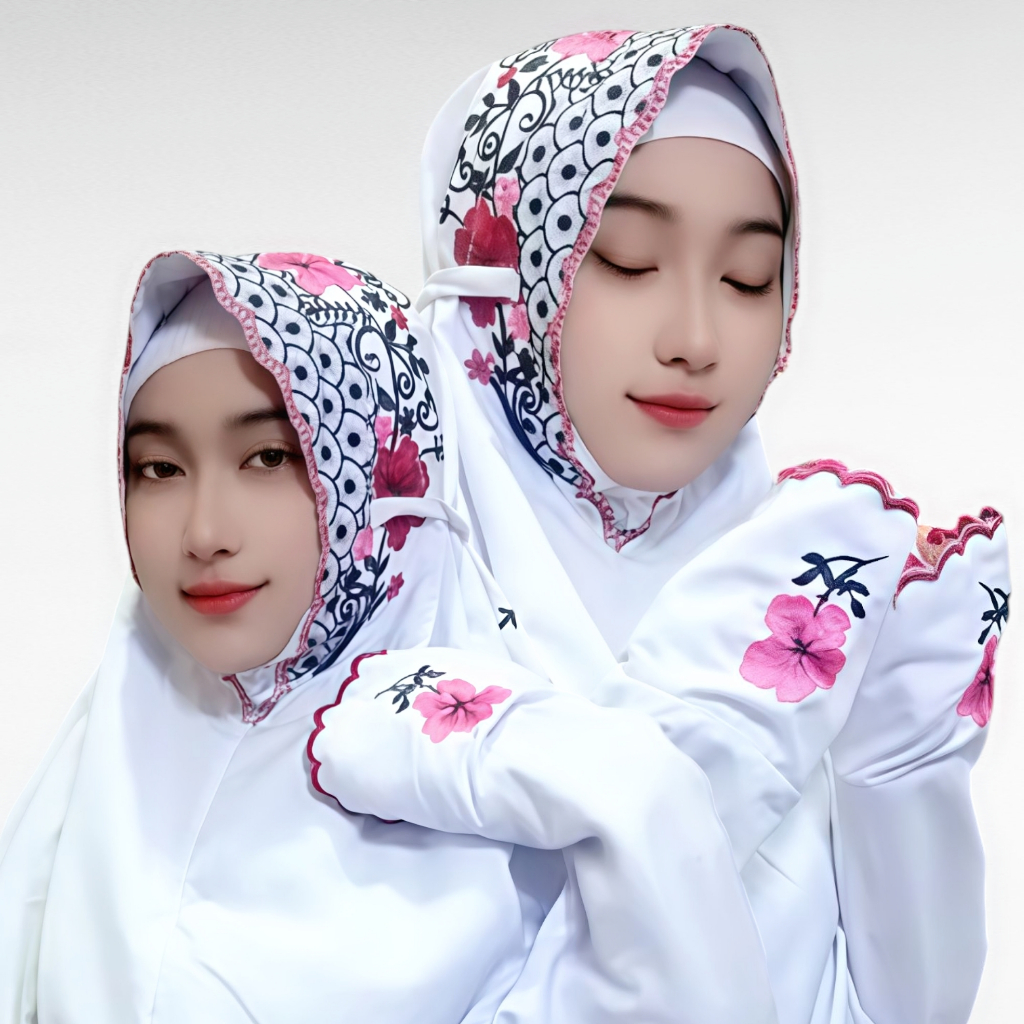 Mukena Terusan Bordir Bunga Sepatu | Katun Mikro Premium Hitam | Elegan & Mewah untuk Ibadah